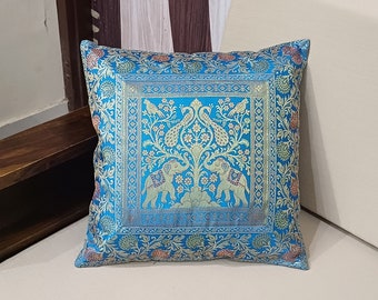Indian Silk Elephant Cushion Cover: Turquoise Gold Throw Pillow (16x16 Inch)