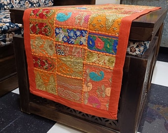 Orange Patchwork Table Runner: Embroidered Cotton Centerpiece (16x60in)