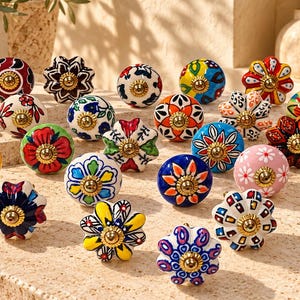 Colorful Ceramic Knob Set: Hand-Painted Cabinet & Dresser Hardware