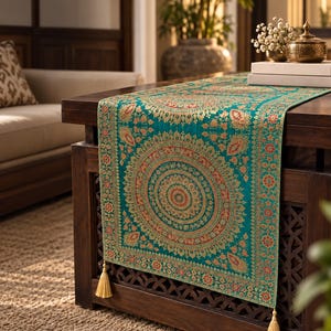 May include: A rectangular teal table runner featuring intricate gold and red circular mandala patterns and floral motifs. The runner is finished with two light gold tassels hanging from the bottom corners, adding a decorative touch to the fabric.