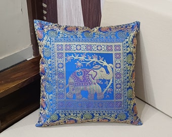 Indian Silk Cushion Cover: Blue Elephant Peacock Design (16x16 Inch)