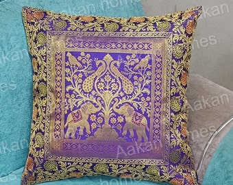 Indian Silk Cushion Cover: Blue Elephant Peacock Design (16x16 Inch)