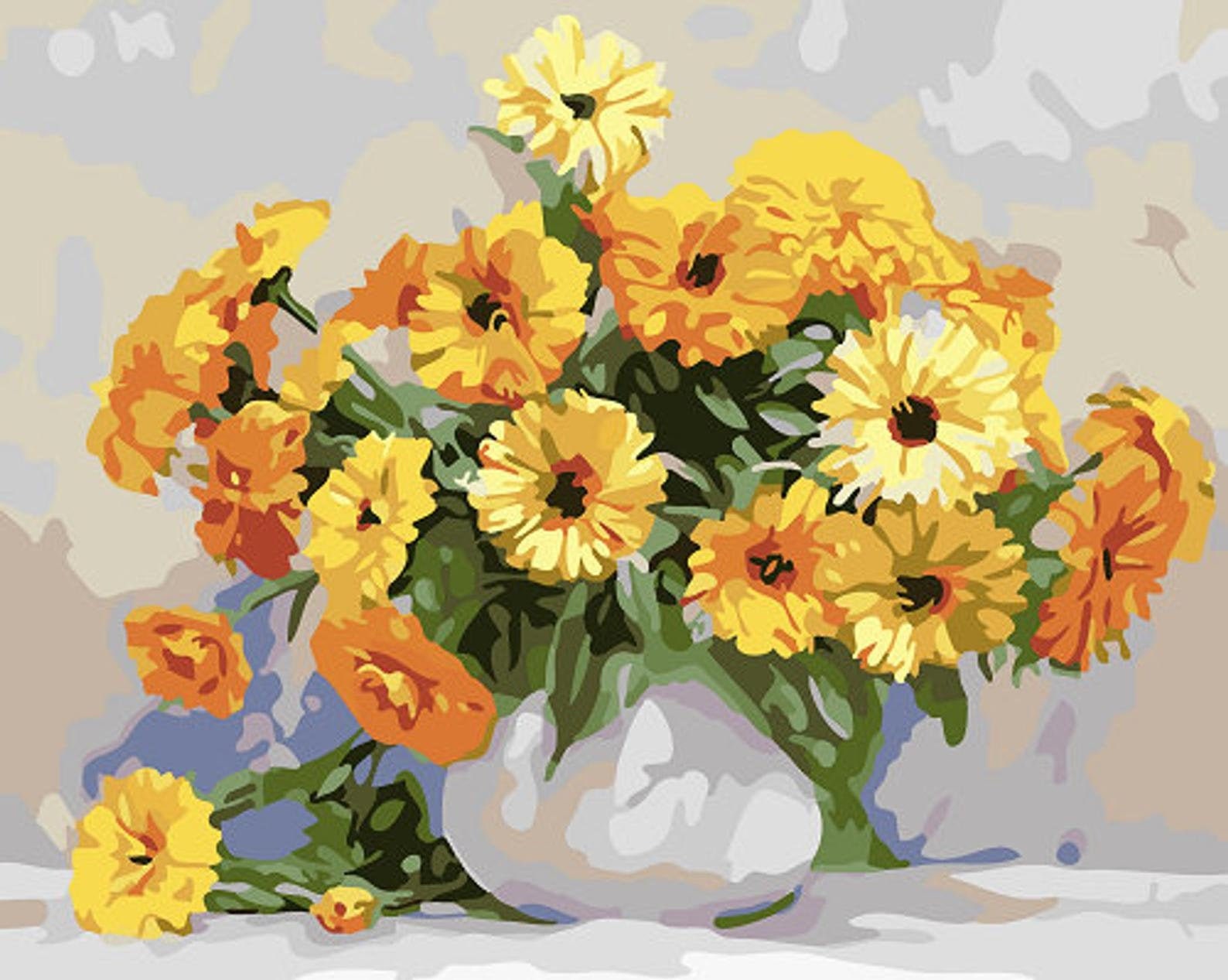 Golden Flowers Paint by Numbers Kit Wall Art Marigold Flower Etsy