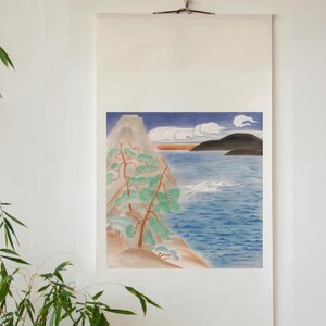 Impresión de arte mural estilo chinoiserie con paisaje de montaña y mar