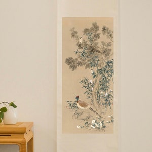 Asian Scroll Art For Home Original Pheasant with Bamboo Scroll Painting Japanese Scroll art Chinese Wall Decor Wall Art For Entryway