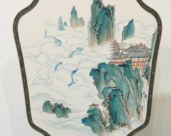 Hand-Painted Mountain Landscape Fan with Holder, Chinese Art Decor