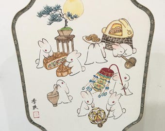 Hand-Painted Rabbits Moon Fan with Holder, Chinese Art, Mid-Autumn Festival