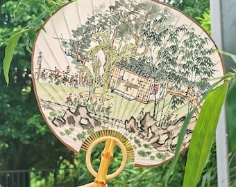 Hand-Painted Chinese Landscape Fan: Bamboo Art Decor