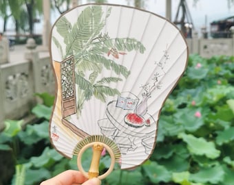Hand-Painted Bamboo Fan: Chinese Landscape Art, Hanfu Decor
