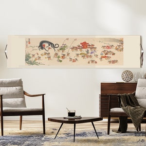 May include: A black and white scroll painting depicting a procession of small figures carrying a palanquin. The figures are dressed in colorful clothing and are carrying various objects, including flags and lanterns. A black cat is in the foreground, looking at the procession.
