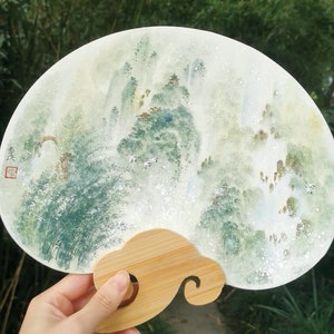 Original Hand-Painted Fan Landscape Watercolor Fan Chinese Handmade fan Green Mountain Landscape Fan Gift for her Oriental Art Gift