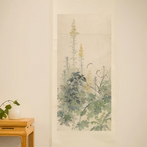 Impresión de pergamino de hierba silvestre: arte mural con vegetación zen