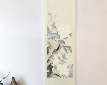White Peony Watercolor Painting: Asian Wall Scroll Art