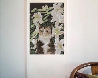 Cat with Lilies Scroll Painting: Asian Wall Art Print