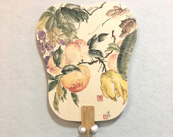 Hand-Painted Peach & Crane Bamboo Fan: Chinese Art Decor
