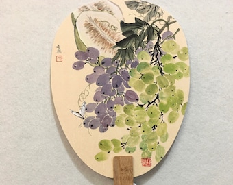 Hand-Painted Grape Fan: Chinese Rice Paper Art, Signed