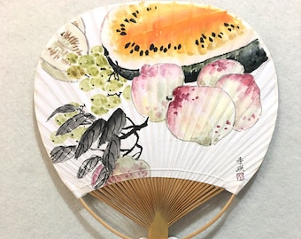 Hand-Painted Fruit Art Fan: Chinese Crane Bamboo Decor