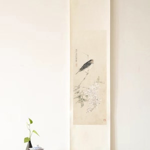 Original Vogel mit Glyzinien Schriftrolle Wandkunst Chinesische Vogel Wandkunst Japanische Schriftrolle Kunst für Wohnzimmer Housewarming Kunst Geschenk für Zuhause