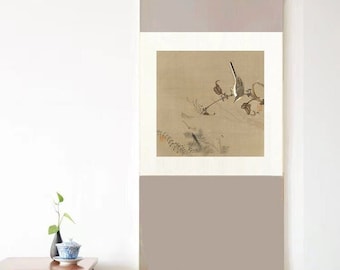 Chinoiserie Bird Scroll Wall Art: Japanese Fabric Painting