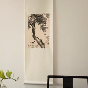 Pergamino de pájaro y árbol: Impresión artística de paisaje en tinta china