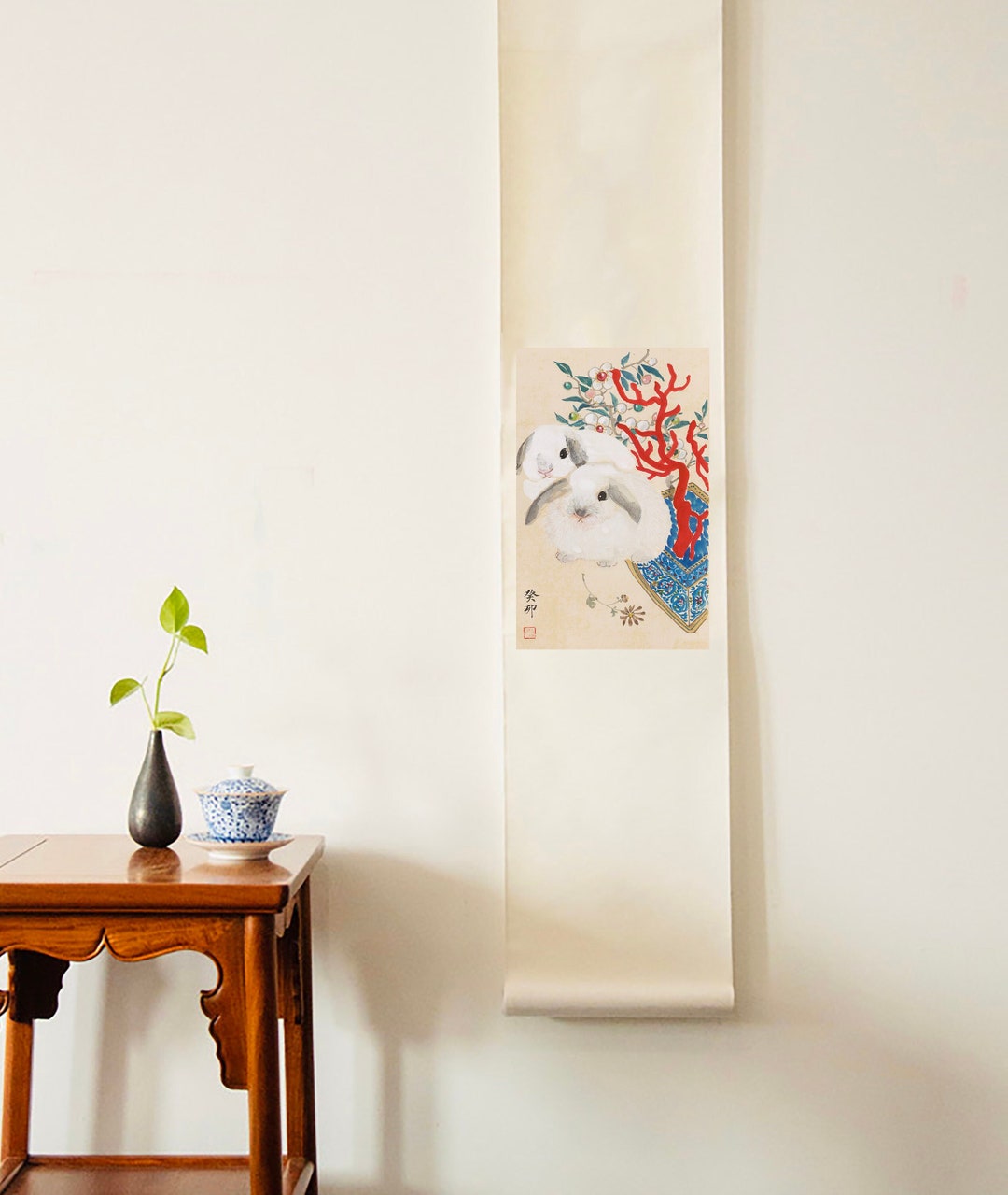 Rabbit Scroll Painting: Chinese Mini Wall Decor Art Print - Etsy