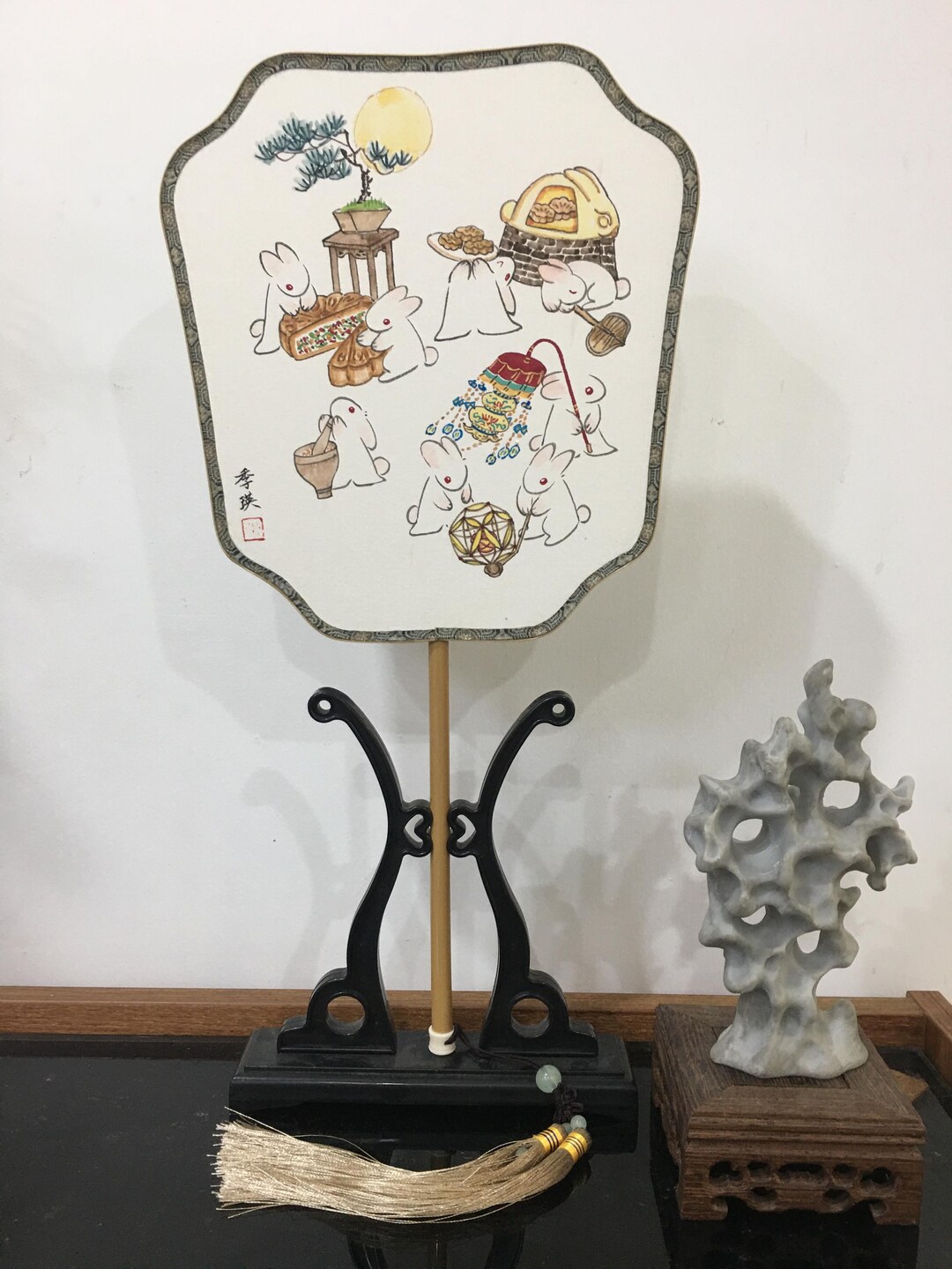 Moon Rabbit Fans Hand-painted Rabbits Moon Fan With Holder, Chinese Art, Mid-autumn ...