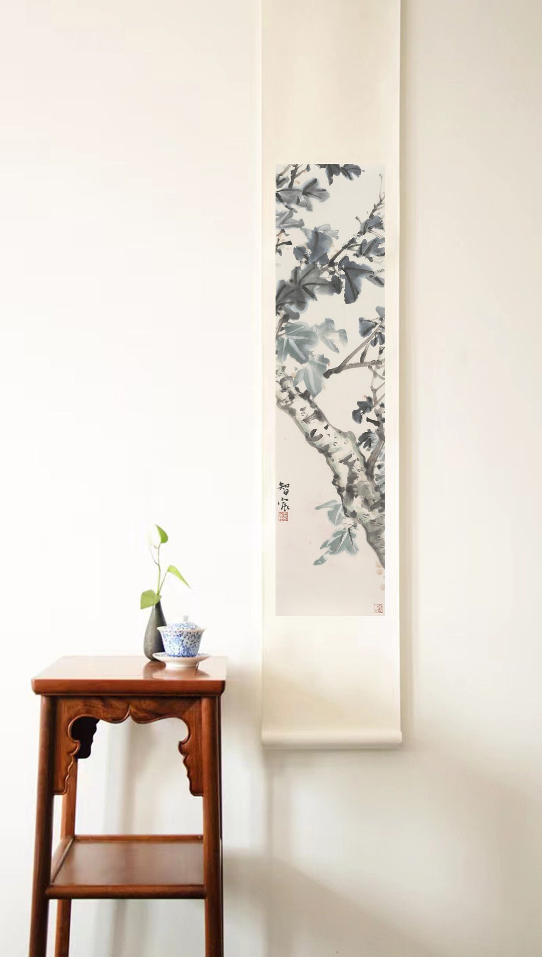 Wall Art for Entryway Japanese Scroll Art Tree Scroll Painting Greenery Scroll Art Wall Hanging