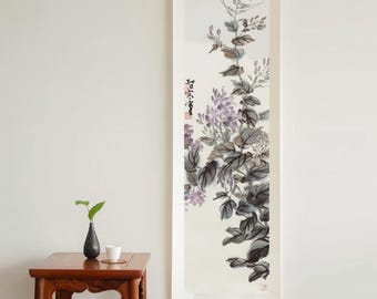 Purple Flower Scroll Painting: Zen Home Office Art Decor