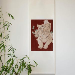 Original Red Tiger Scroll Painting Chinese Tiger Wall Hanging Good luck Charm Decor Good Omen Wall Scroll Japanese Scroll Art Wall Decor