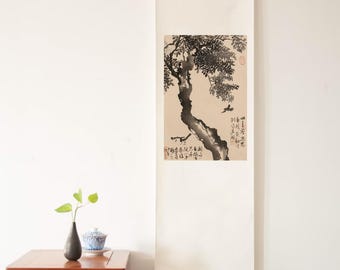Bird and Tree Scroll: Chinese Ink Landscape Art Print