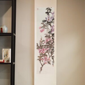 Pergamino original de magnolia con flor de cerezo, pergamino de acuarela chino, pergamino asiático para colgar en la pared, arte de pared chinoiserie, pintura de pergamino, regalo, decoración de pared