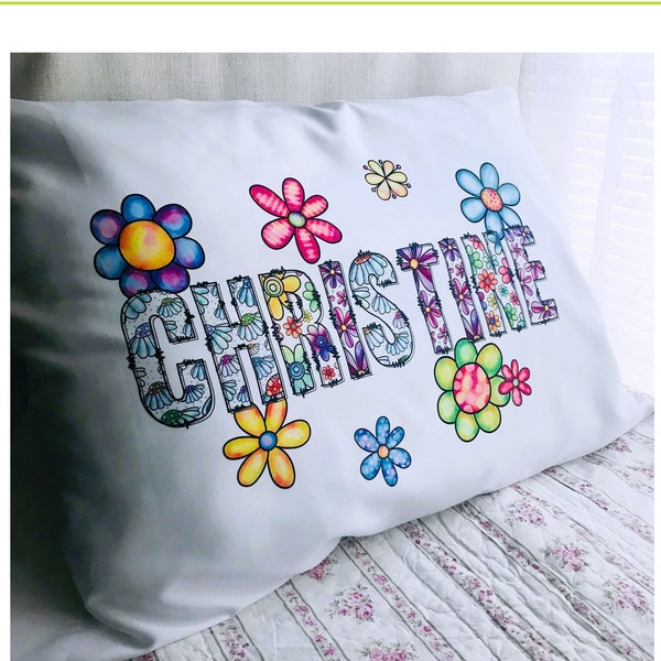 Personalized Pillowcase Name Flowers Girl Teen Standard Queen Hippie Boho Vibes Custom Printed Sleepover Camping Dorm Room Birthday