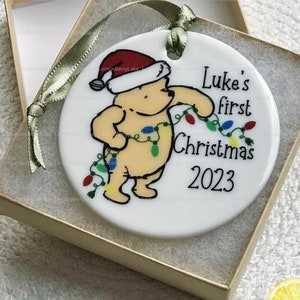 2024 Original Pooh Christmas Ornament Christmas Lights 2 sided Personalized Lights on Back Satin ribbon and Free Gift Box included.