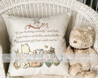 Pooh New Baby Throw Pillow Announcement Nursery Decorative New Mom Shower Gift 16" W/Insert 4 Designs + Personalized + Door Sign Options