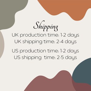 May include: A graphic with abstract shapes in muted colors, including green, brown, and burgundy, against a cream background. The word "Shipping" is written in a decorative font. Text below details production and shipping times for the UK and US.