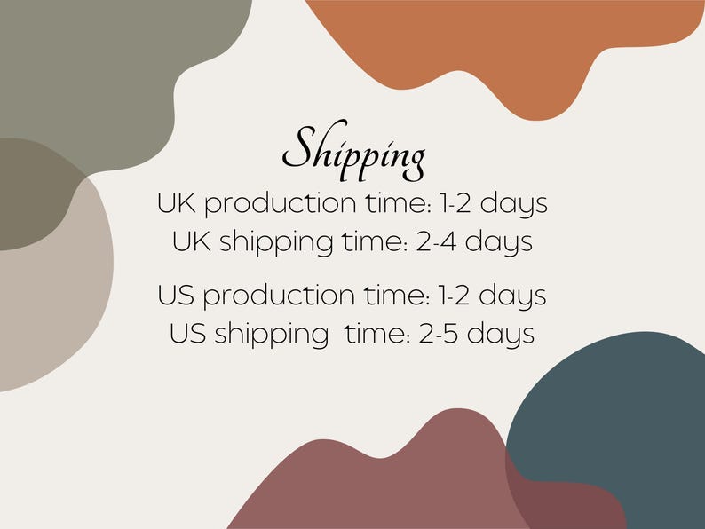 May include: A graphic with abstract shapes in muted colors, including green, brown, and burgundy, against a cream background. The word "Shipping" is written in a decorative font. Text below details production and shipping times for the UK and US.