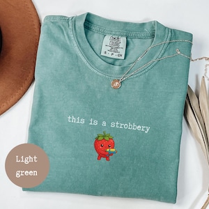 Puede incluir: Una camiseta verde claro con el texto bordado 'this is a strobbery' sobre un pequeño personaje de fresa roja de dibujos animados que sostiene una pistola de agua azul y amarilla. La camiseta tiene cuello redondo y etiqueta de Comfort Colors.