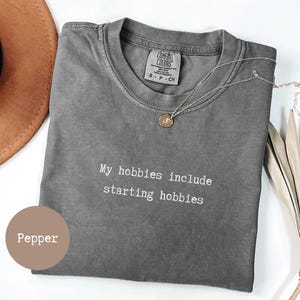 Könnte beinhalten: Ein graues Comfort Colors T-Shirt mit dem weißen Text "My hobbies include starting hobbies". Eine goldene Halskette mit Anhänger liegt über dem Shirt. Ein brauner Hut ist oben links zu sehen.