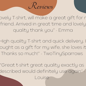 May include: A beige background with abstract shapes in brown, rust, and teal. The word "Reviews" is at the top in a script font. Text quotes customer feedback about a T-shirt, praising quality and delivery.