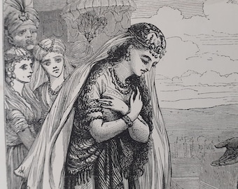 Solomon and the queen of Sheba – Victorian bible print from wood engraving - Book of Kings