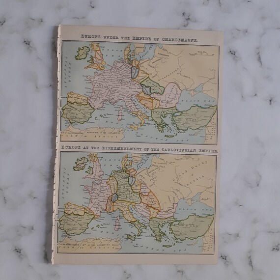 Vintage Map of Europe Under the Empire of Charlemagne & at the - Etsy