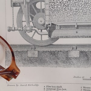 May include: Detailed black and white illustration of a steam engine, showing the internal components and wheel. The image includes text indicating the drawing was done by David Kirkaldy and measurements in inches.