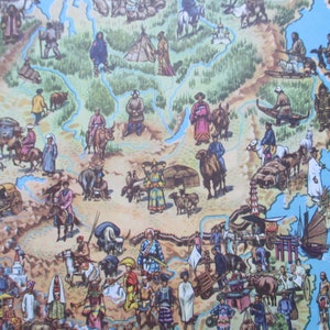 Mappa pittorica: Asia settentrionale – Popoli, animali domestici e piante utili – 1960 - illustrata da Eigener
