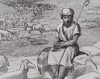Jacob minding the flocks – vintage Victorian bible print – Religious print - woodcut
