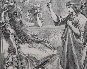 Joseph interpreting Pharaoh’s Dreams – vintage Victorian bible print by Sir John Gilbert, woodcut by W Thomas – Religious print