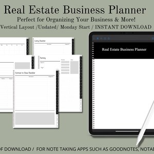 Real Estate Business Planner, Hyperlinked Digital Planner For iPad and Tablets, Undated, Vertical, Monday Start, Instant Download