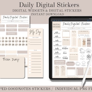 Peut inclure: Un ensemble d'autocollants numériques pour Goodnotes, comprenant un calendrier, un agenda quotidien et d'autres outils d'organisation. Les autocollants sont dans un schéma de couleurs beige et marron avec du texte noir et des illustrations.
