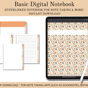 May include: A digital notebook with a fall-themed cover featuring orange, brown, and white leaves. The notebook is designed for note-taking apps such as Goodnotes and Notability. The text "Basic Digital Notebook" and "HYPERLINKED NOTEBOOK FOR NOTE TAKING & MORE! INSTANT DOWNLOAD" is displayed at the top of the image.