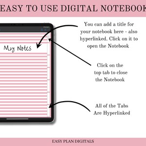 Pode incluir: Um aplicativo de caderno digital na tela de um iPad com o texto "Minhas notas" no topo. O aplicativo tem um fundo listrado rosa e branco e uma guia no topo que diz "Easy Plan Digitals".