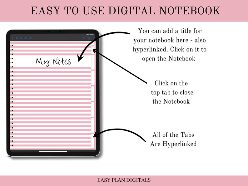 Pode incluir: Um aplicativo de caderno digital na tela de um iPad com o texto "Minhas notas" no topo. O aplicativo tem um fundo listrado rosa e branco e uma guia no topo que diz "Easy Plan Digitals".